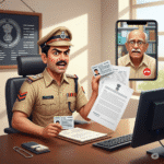 A scammer in an Indian police uniform with an angry face holds up fake IDs and documents on a video call, while an elderly man on a smaller screen looks fearful and distressed.