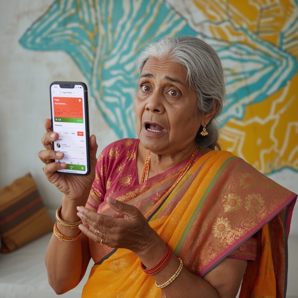 Senior Indian woman confused by fake trading app on phone